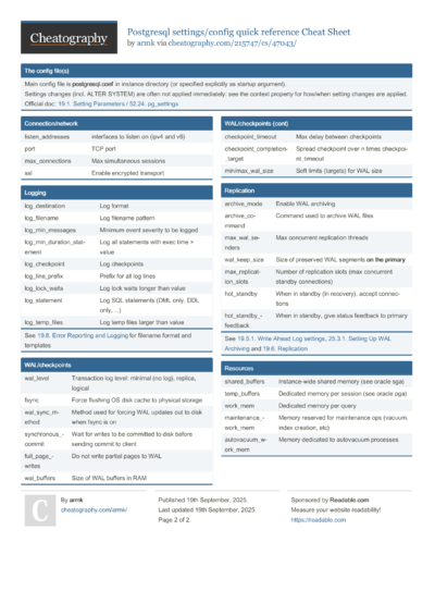 Postgresql settings/config quick reference Cheat Sheet