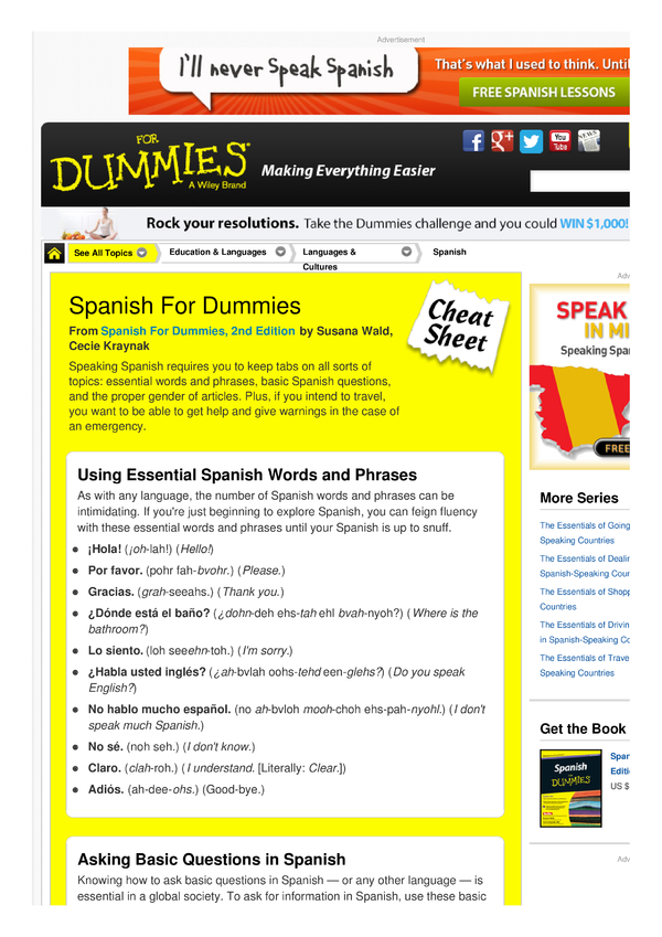 Spanish For Dummies Cheat Sheet by Cheatography - Download free from