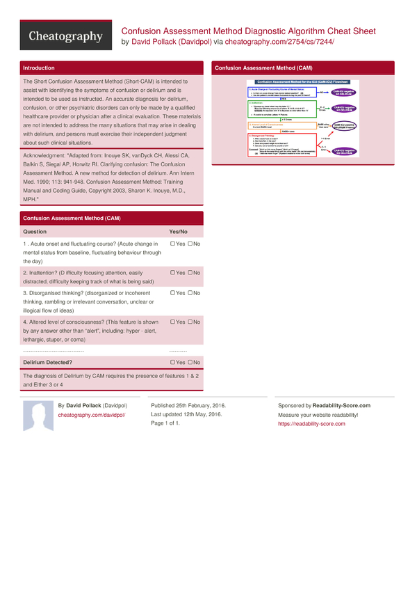 Confusion Assessment Method Diagnostic Algorithm Cheat Sheet By 