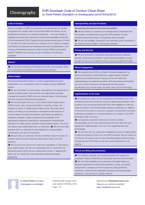 Ehr Developer Code Of Conduct Cheat Sheet By Davidpol - Download Free 