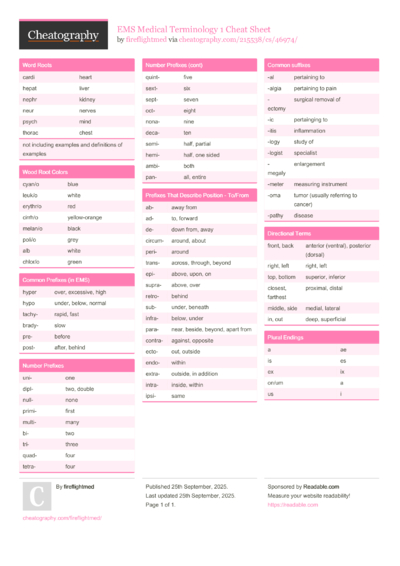 EMS Medical Terminology 1 Cheat Sheet