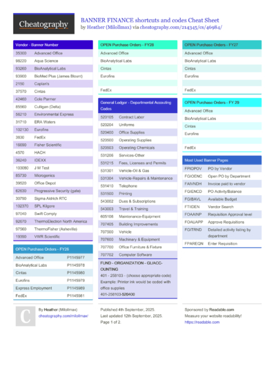 BANNER FINANCE shortcuts and codes Cheat Sheet
