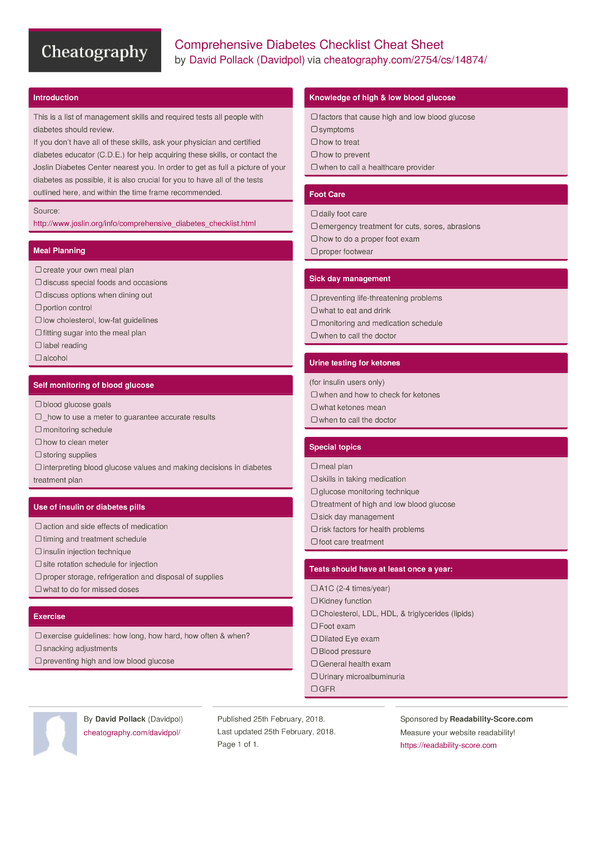 Comprehensive Diabetes Checklist Cheat Sheet by Davidpol - Download ...