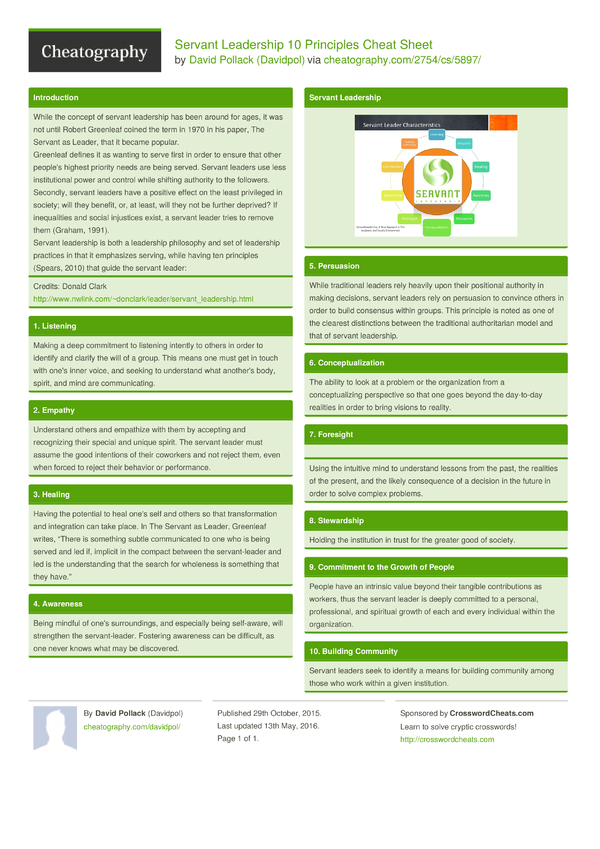 Servant Leadership 10 Principles Cheat Sheet by Davidpol - Download ...