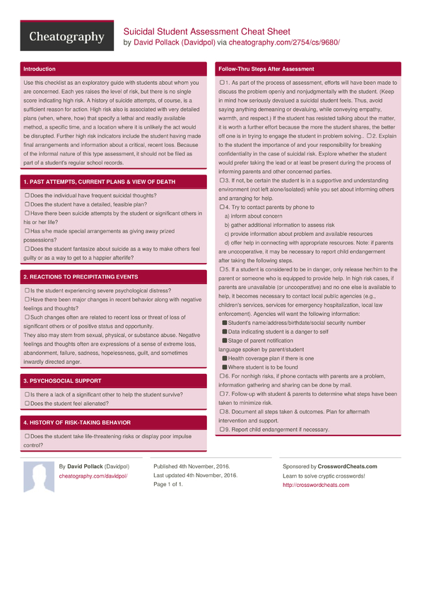 Suicidal Student Assessment Cheat Sheet by Davidpol - Download free ...