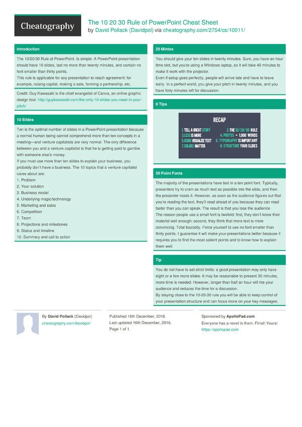 The 10 20 30 Rule of PowerPoint Cheat Sheet by Davidpol - Download free ...