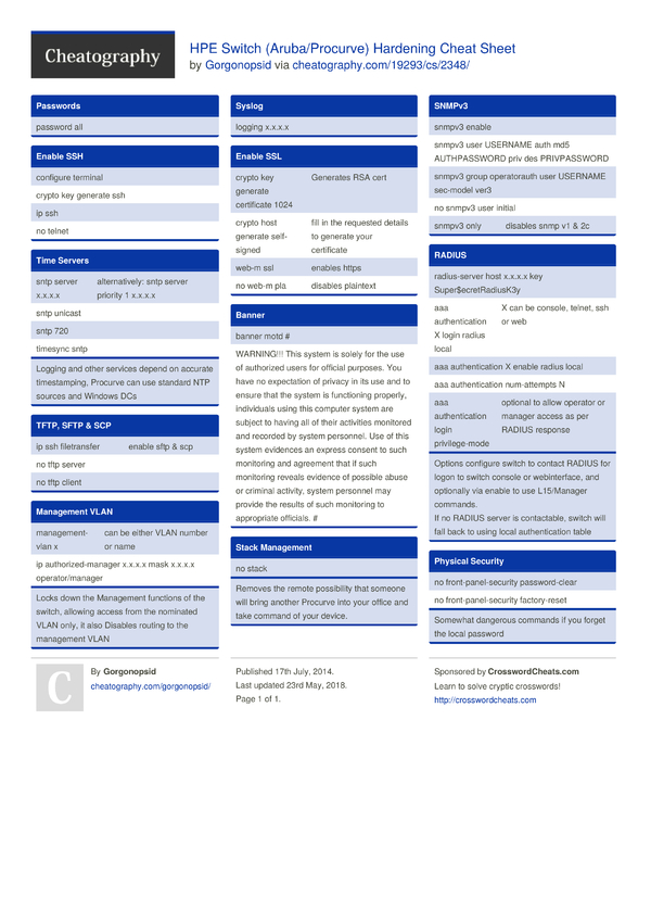 HPE Switch (Aruba/Procurve) Hardening Cheat Sheet by Gorgonopsid ...