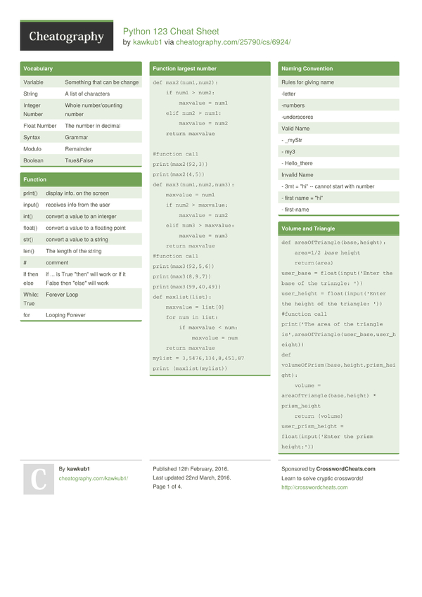 Python 123 Cheat Sheet by kawkub1 - Download free from Cheatography ...