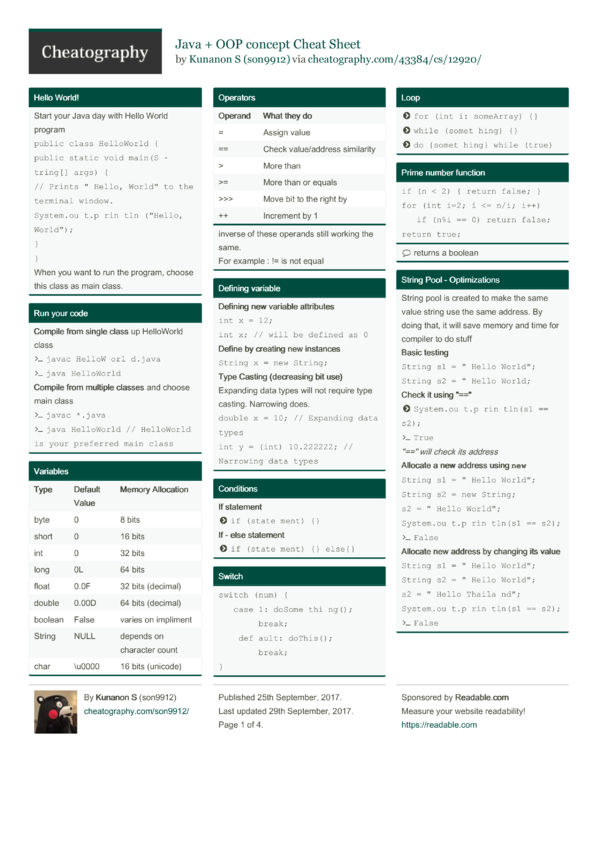 Java + OOP concept Cheat Sheet by son9912 - Download free from ...