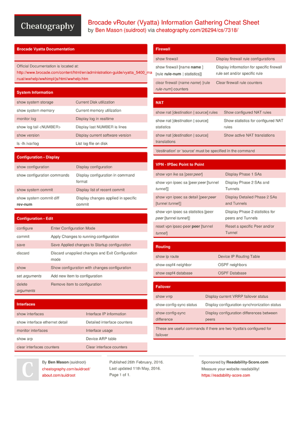 Brocade vRouter (Vyatta) Information Gathering Cheat Sheet by suidroot ...