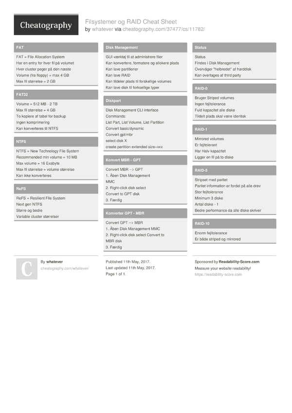 Filsystemer og RAID Cheat Sheet by whatever - Download free from ...